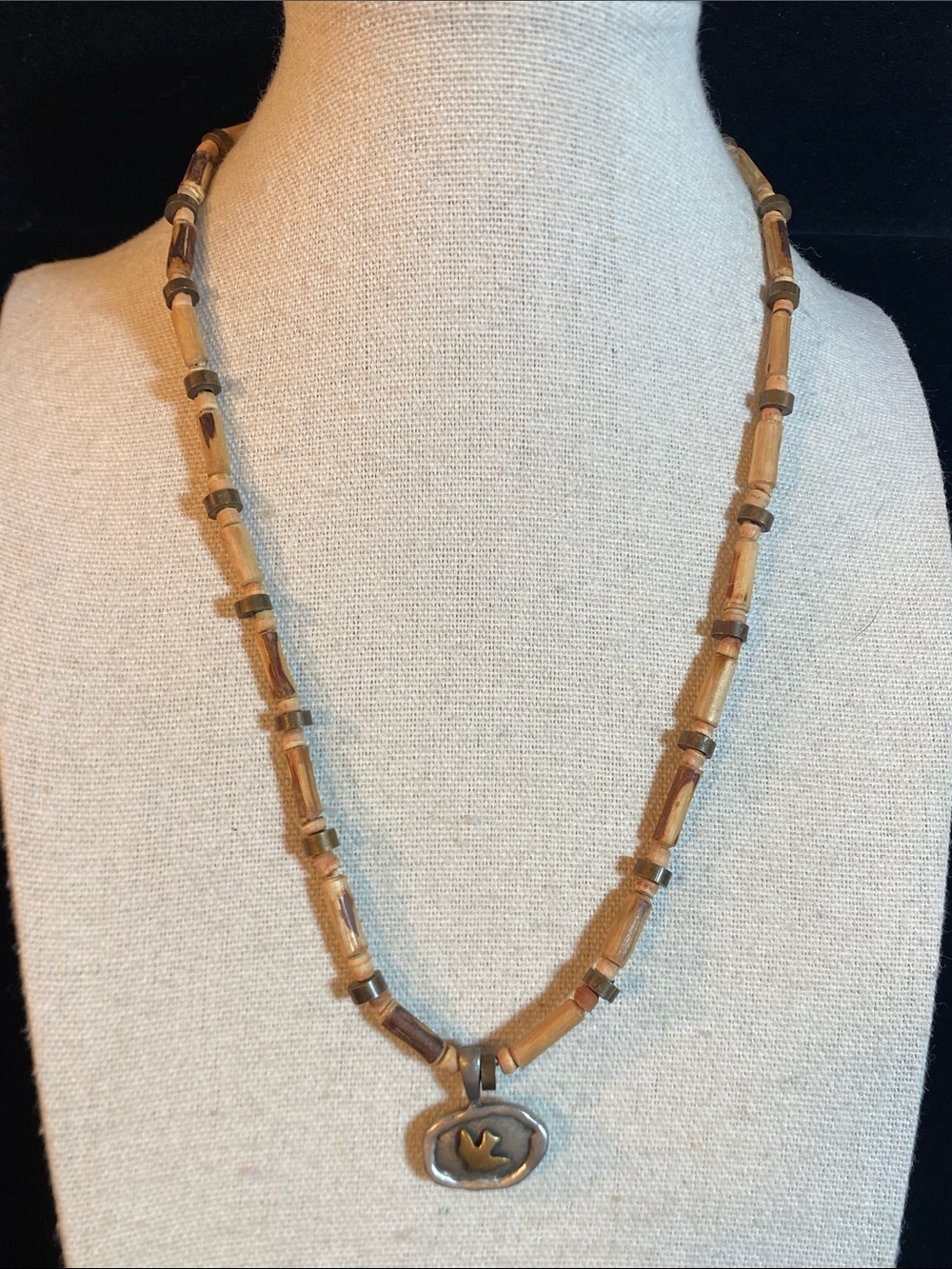 Rustic Bird Pendant Necklace Wood Bamboo Beads Pewter Brass 18” Artisan UNISEX